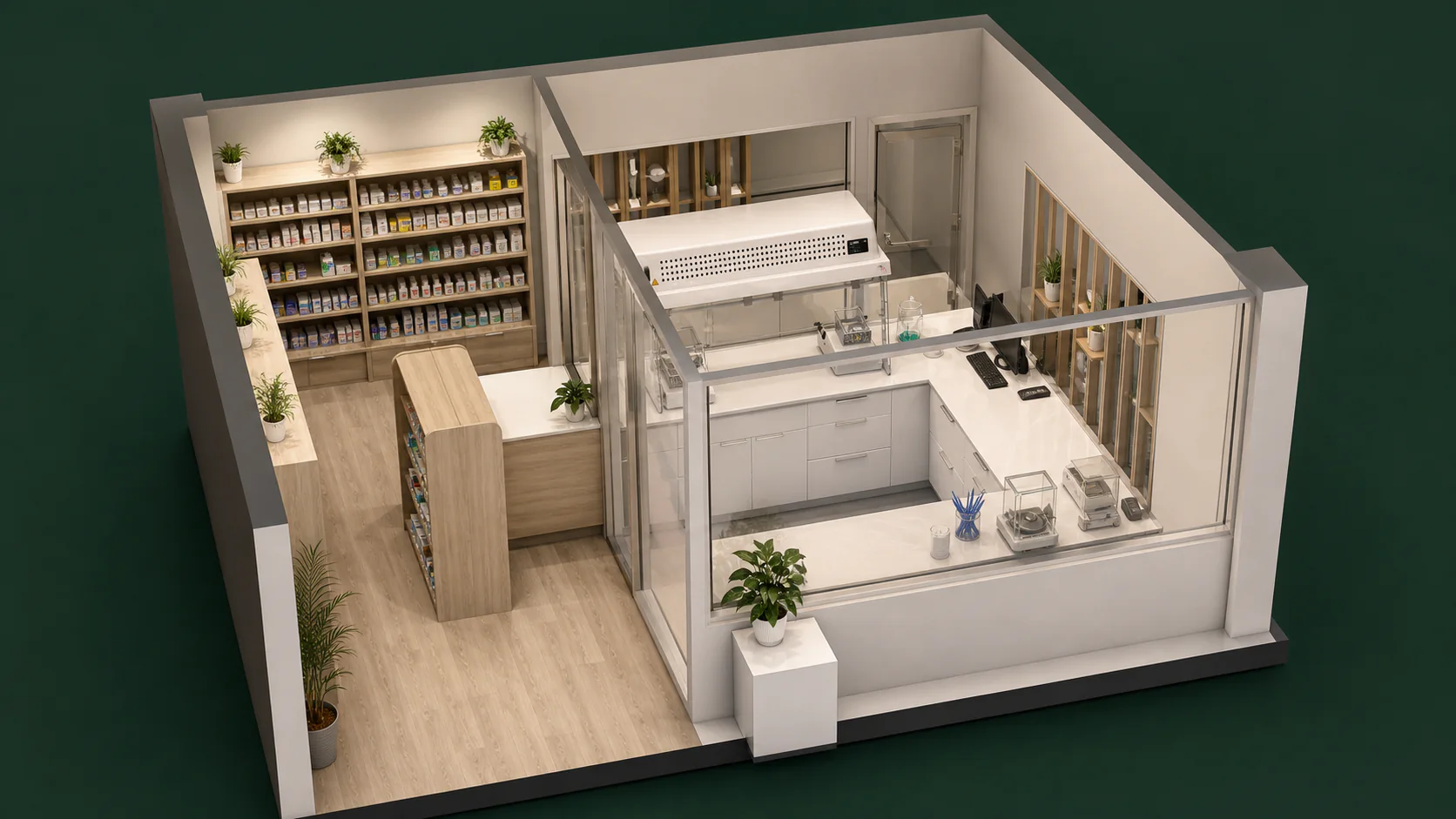 Three-dimensional architectural rendering of Kiwi’s compounding lab
