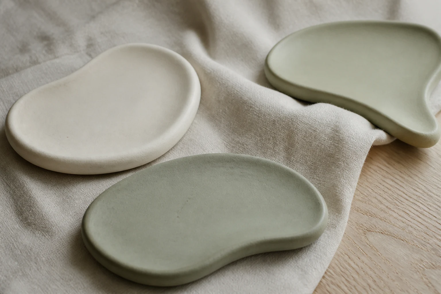 Hand-cast cream and sage forms arranged on natural linen