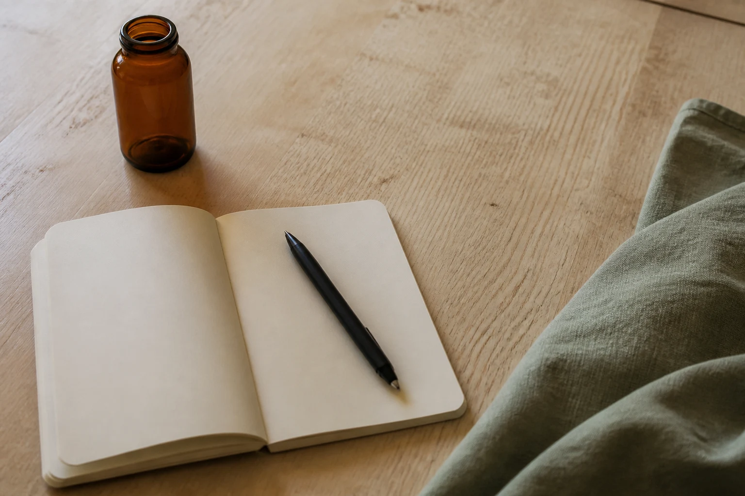 A blank consultation notebook, pen, amber glass and sage linen on oak